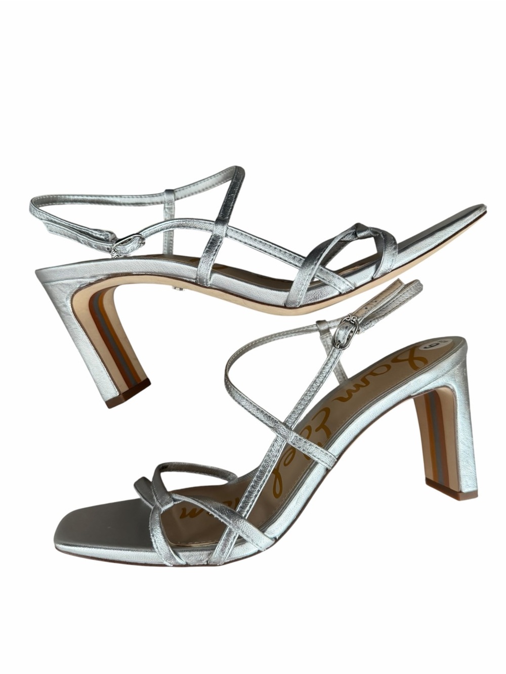Sam Edelman Emmie Block Heel Sandals size 8.5M Silver Strappy Heels Shoes